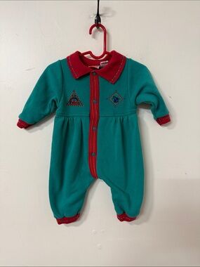 Macy's Teal and Red Fleece Baby One-Piece 1991